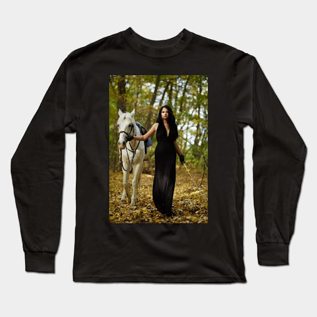 Woman with horse in the forest Long Sleeve T-Shirt by naturalis